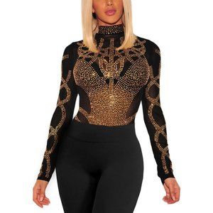 Women Rhinestone Sheer Mesh Crop Tee Top Sexy See Long Sleeve Slim Fit Crop